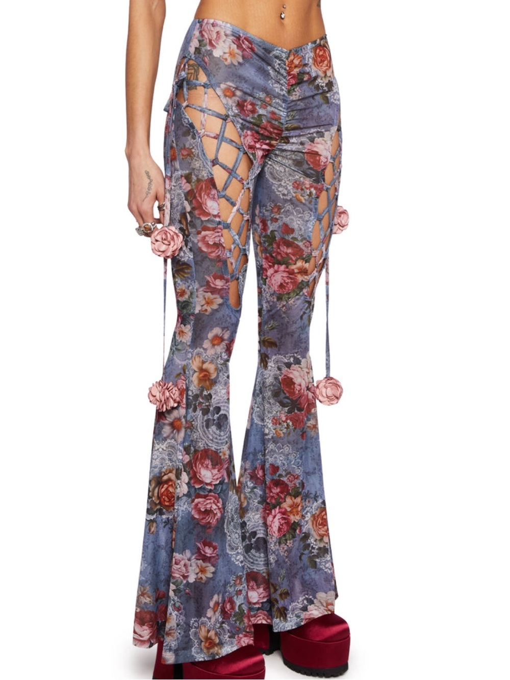 🌹 Current Mood Balcony Serenade Floral Lace-Up Flare Pants Size XL - Picture 2 of 4